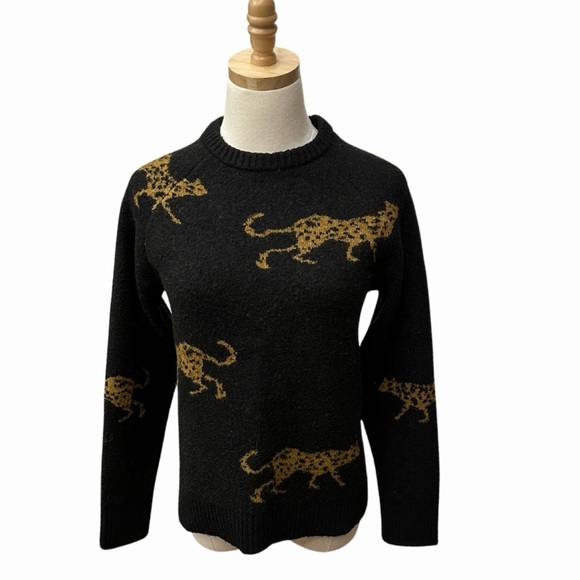 *NWOT* ANTHROPOLOGIE THML Cheetah Crewneck Swtr Black&Gold — S — Dense Lux Weave - Picture 4 of 8